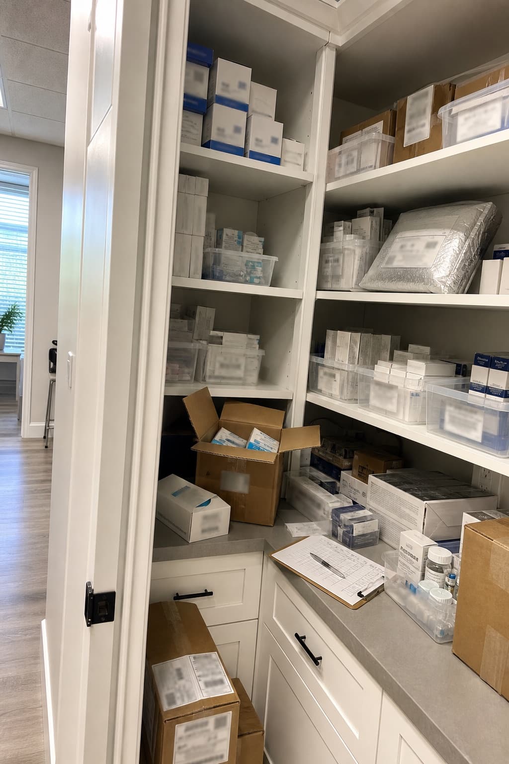 Clinic supply room stocked with IV and wellness products