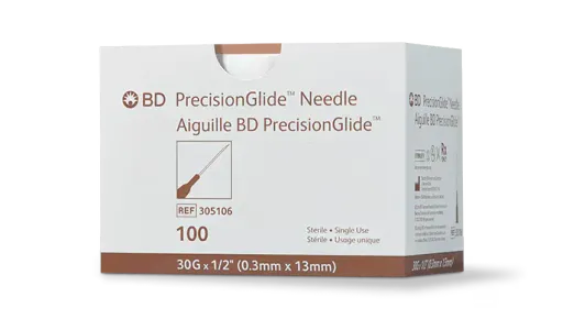 BD PrecisionGlide Needle — 30G × 1/2 in, 100 per box